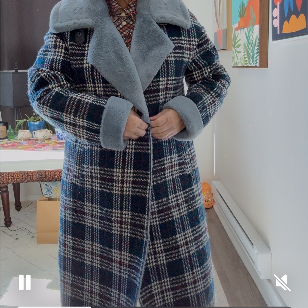 NVLT Blue Plaid Teddy Jacket with Gray Collar